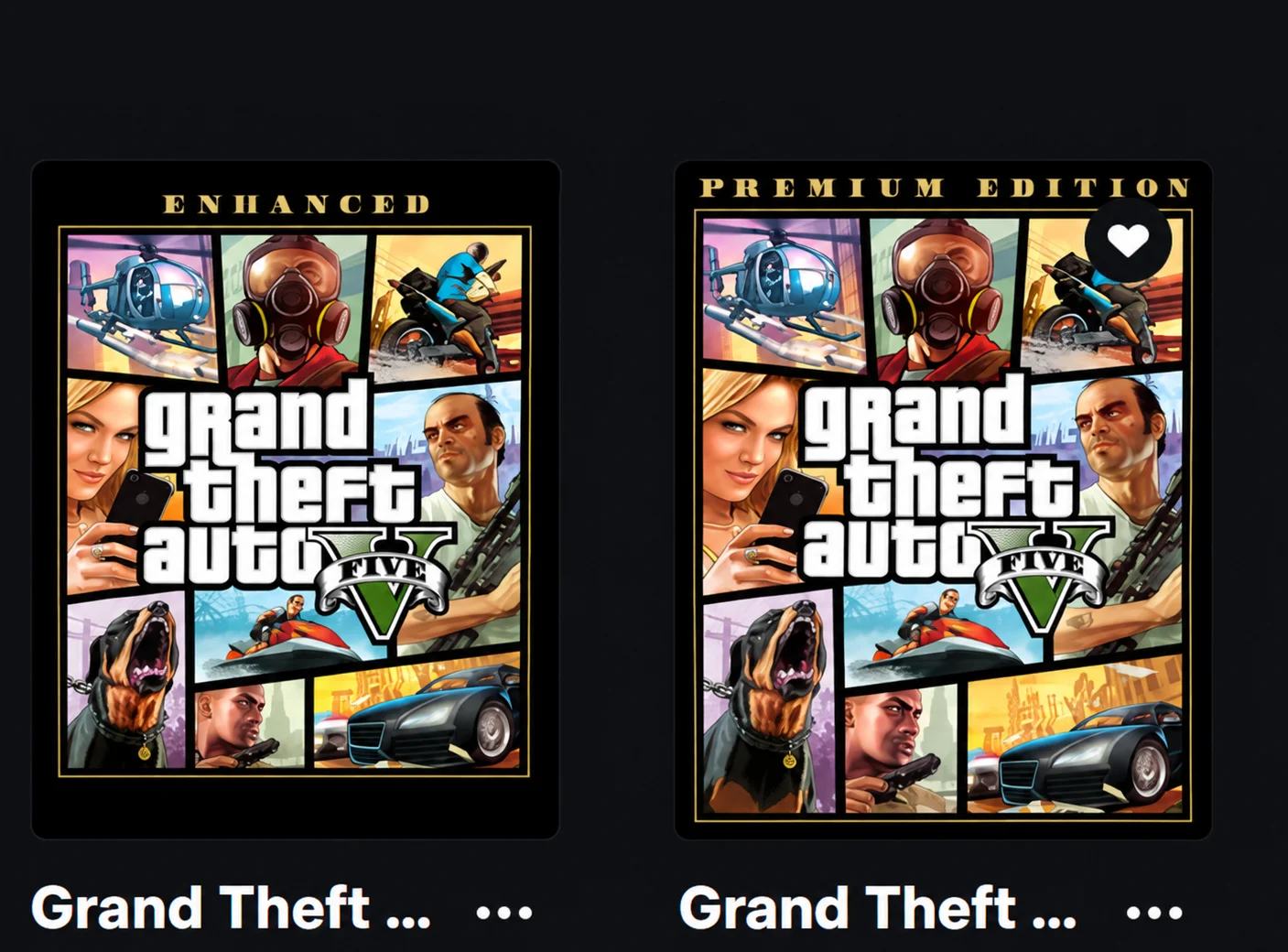 Epic Games kütüphanesi. Kaos Mod ve Koth Mod için GTA V Premium Edition doğru, GTA V Enhanced yanlış olarak işaretlenmiş.