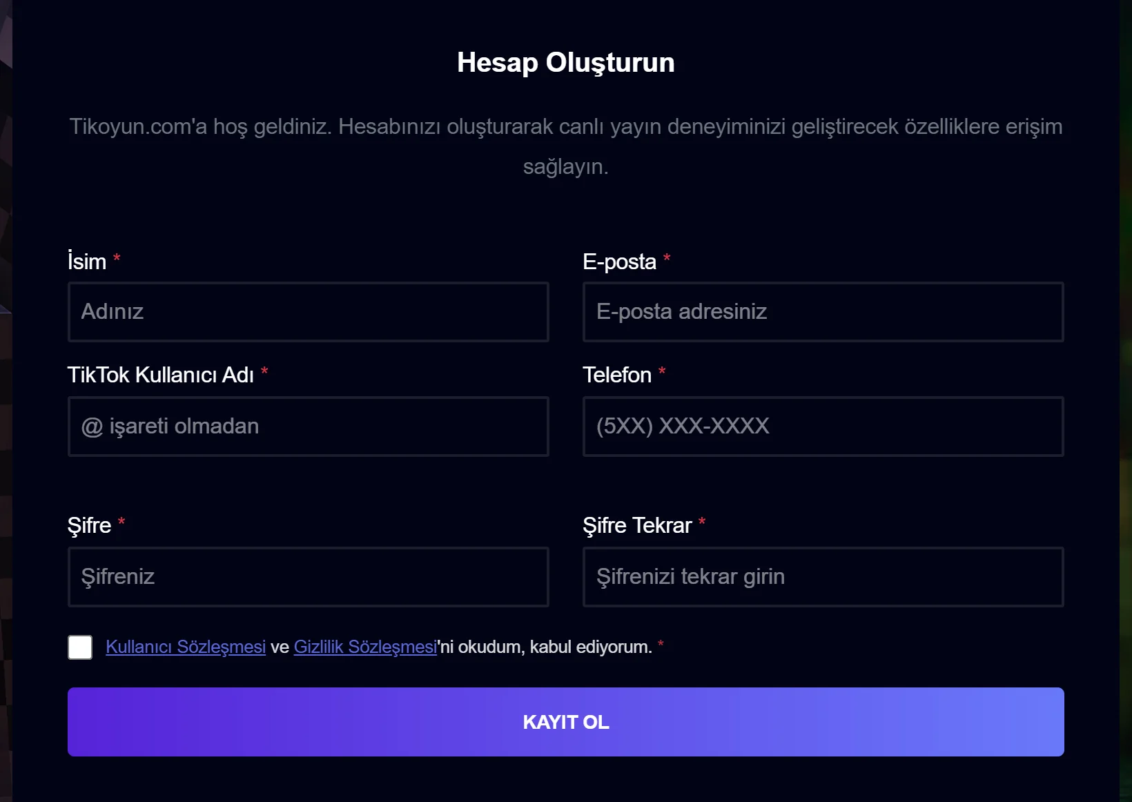 Kayıt sayfası. Doldurulacak alanlar sırasıyla 1'den 7'ye kadar numaralandırılmış.