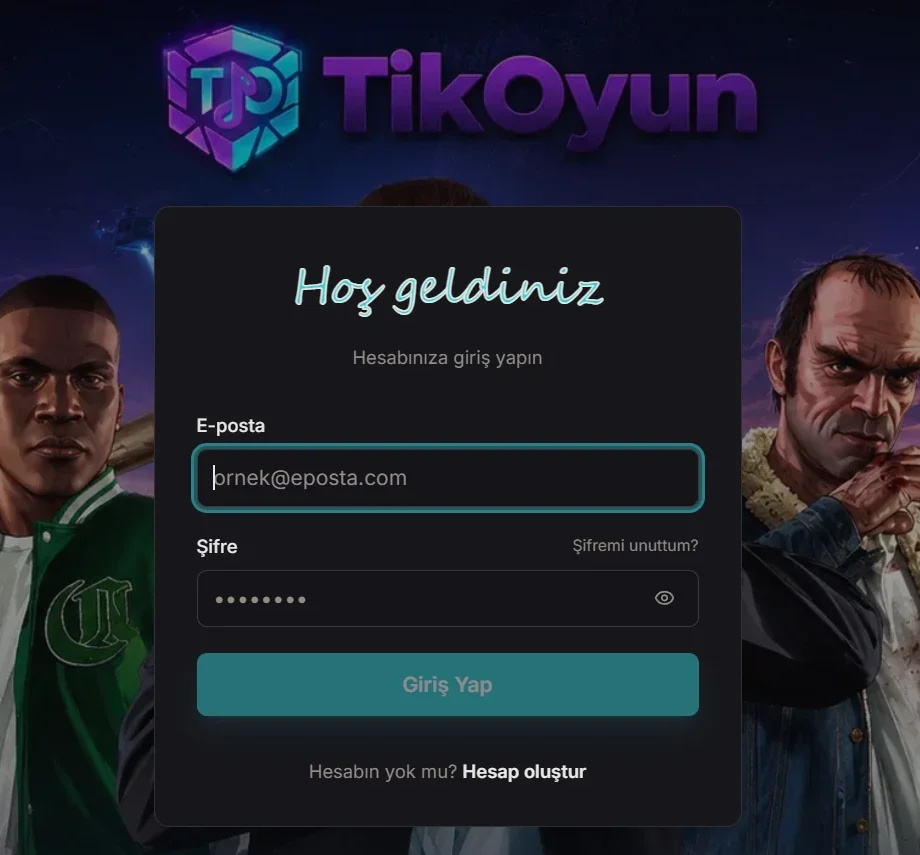 TikOyun Launcher giriş ekranı. E-posta ve şifre alanlarıyla Giriş Yap düğmesi bir çerçeve içinde; düğme ayrıca okla gösterilmiş.