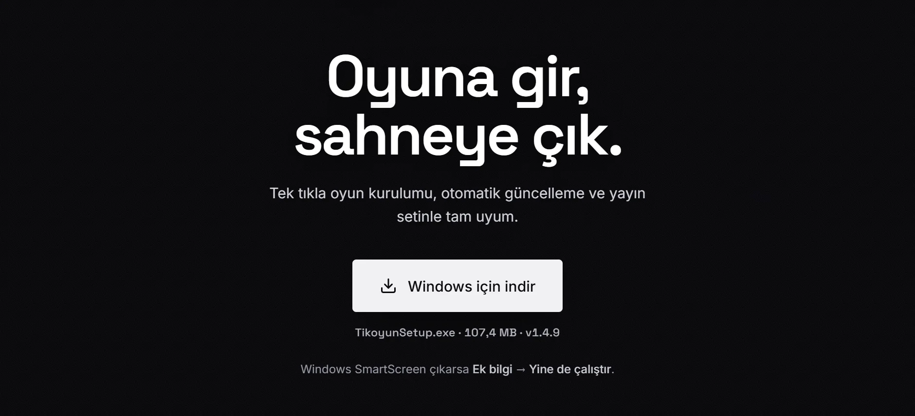 TikOyun Launcher indirme sayfası. Windows için indir düğmesi işaretlenmiş; altında dosyanın adı, boyutu ve sürümü yazıyor.