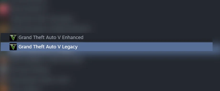 Steam kütüphanesi. Kaos Mod ve Koth Mod için Grand Theft Auto V Legacy doğru, Grand Theft Auto V Enhanced yanlış olarak işaretlenmiş; diğer oyunlar bulanıklaştırılmış.